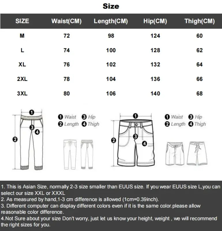 Size chart and measurement guide for pants and shorts with detailed dimensions.