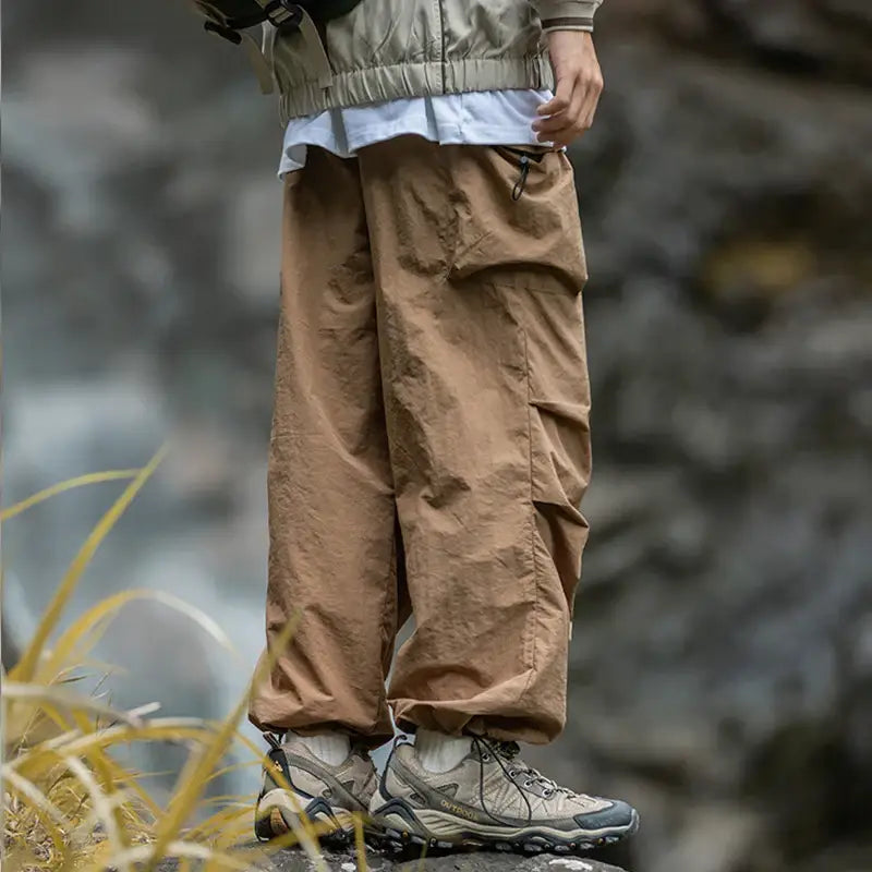 Khaki cargo pants with hiking boots.