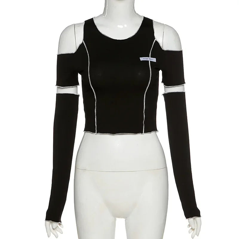 Black Gothic patchwork crop top with slight stretch and detachable solderless sleeves