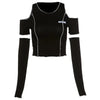 Black long-sleeved crop top with shoulder cutouts and slight stretch, featuring gothic patchwork