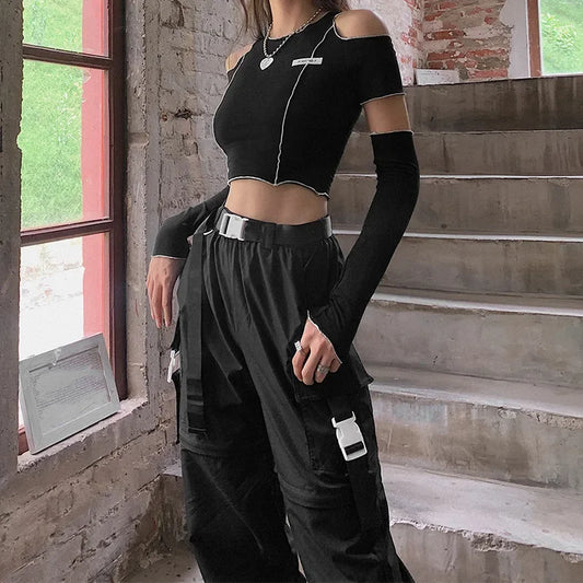 Gothic patchwork crop top with solderless sleeves paired with cargo pants, featuring slight stretch