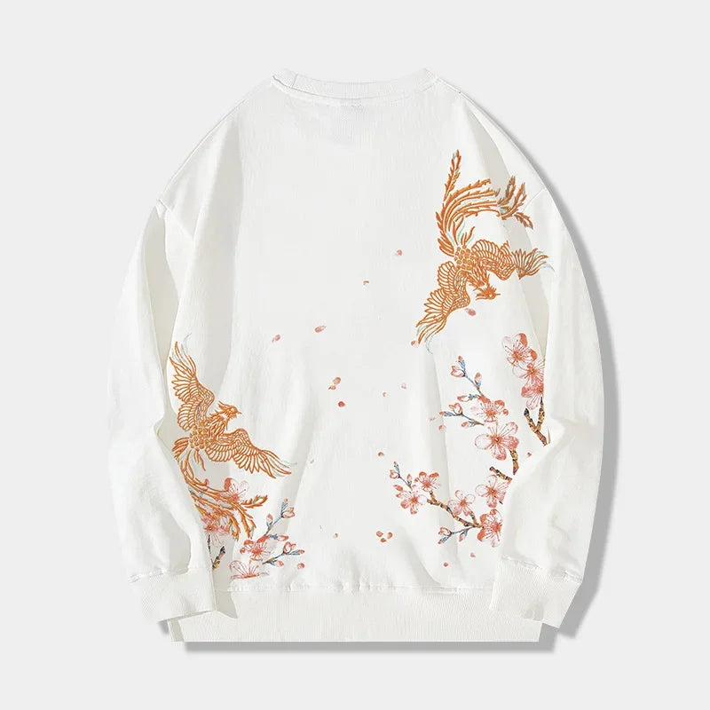 White sweatshirt featuring phoenix embroidery and cherry blossoms in vintage Japanese streetwear