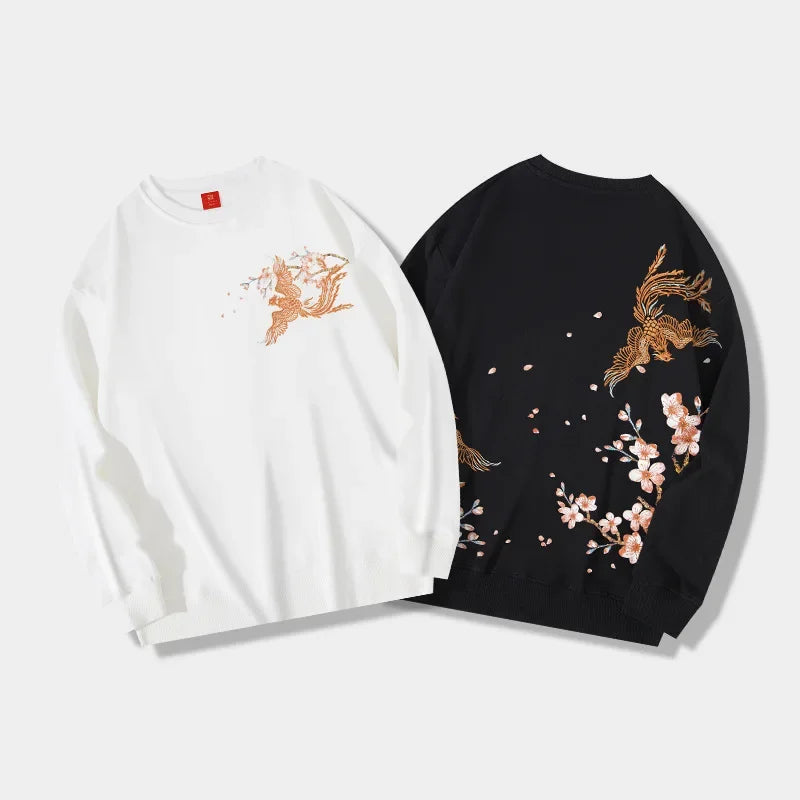 Embroidered long-sleeved shirts showcasing the Phoenix embroidery hoodie in Japanese streetwear