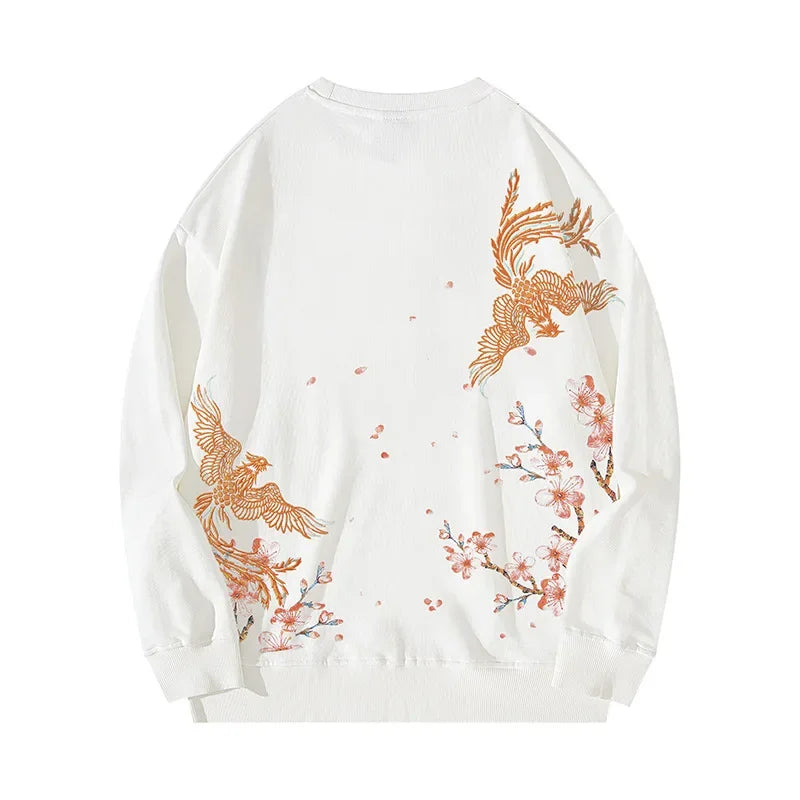 White sweatshirt featuring phoenix and cherry blossom embroidery, a stylish Japanese streetwear sweatshirt