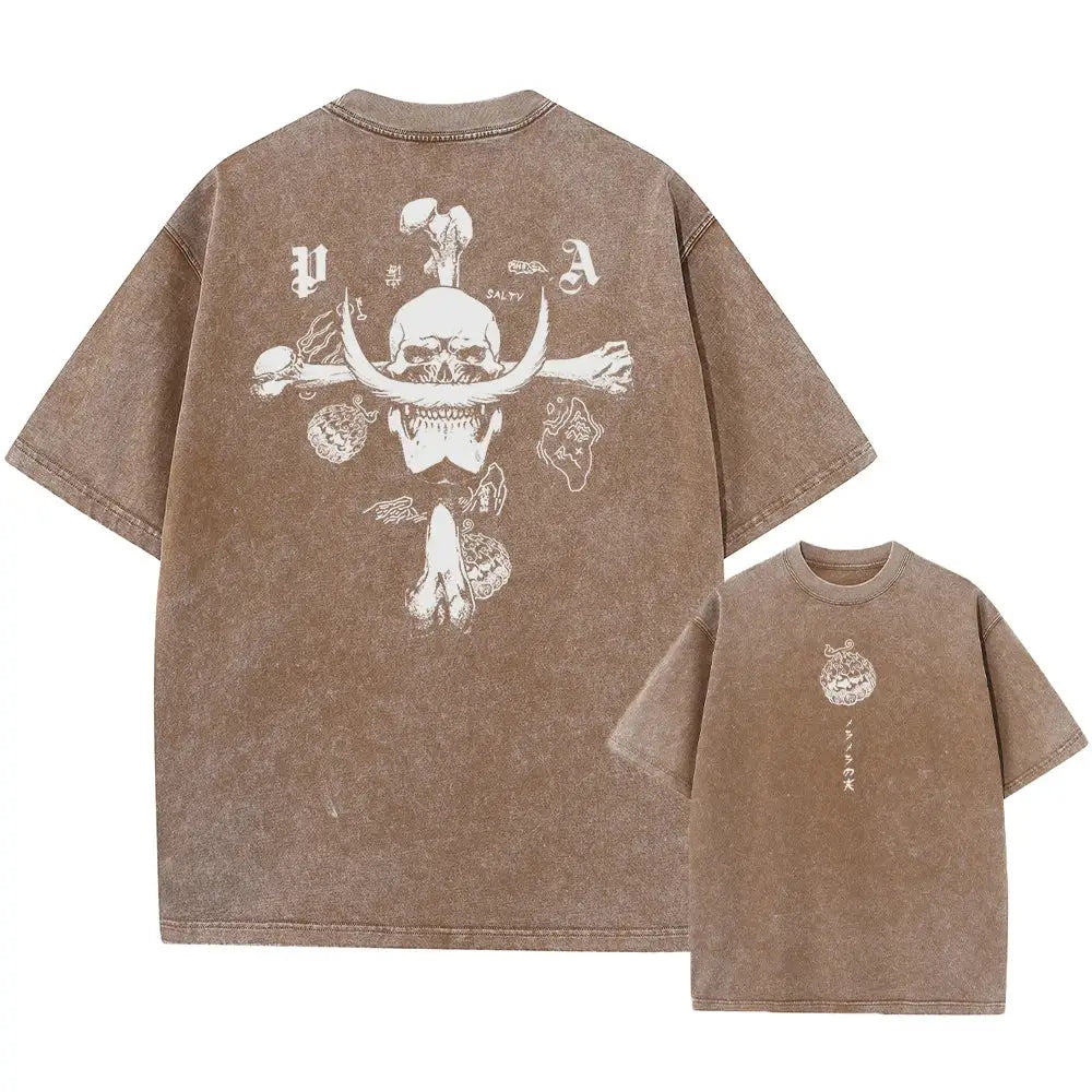 Brown edward newgate washed graphic tee for anime streetwear fans