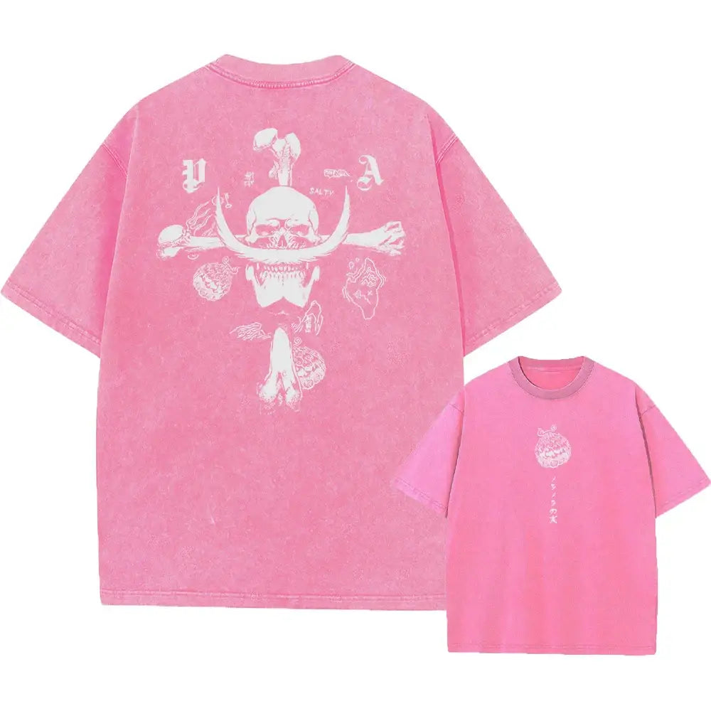 Pink t-shirt with skull graphic featuring Edward Newgate, perfect for anime streetwear
