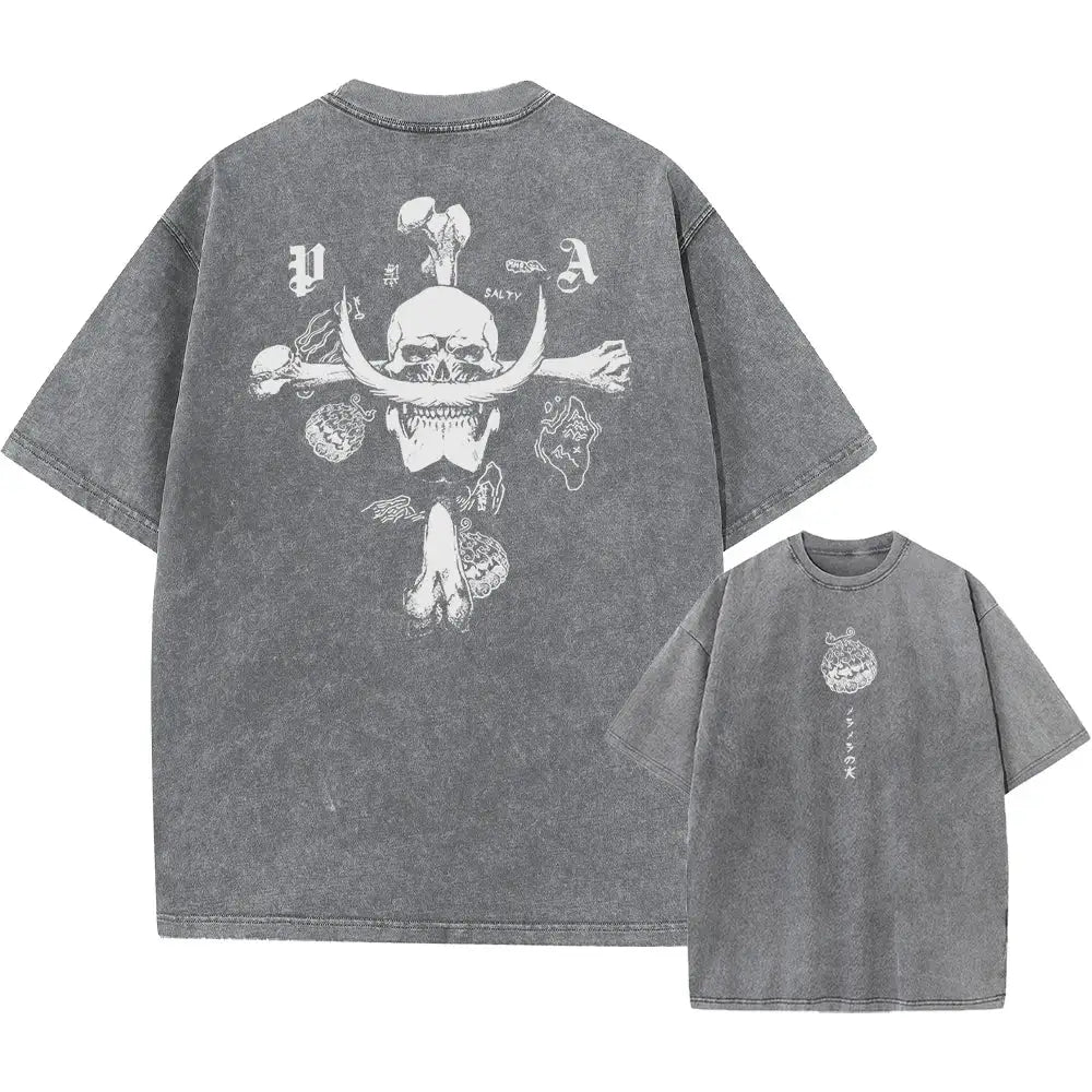 Gray t-shirts with skull graphic featuring Edward Newgate washed style for anime streetwear