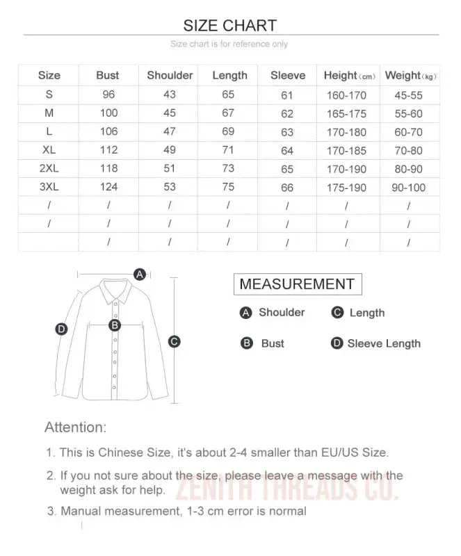 Size chart with measurement guide for clothing dimensions.