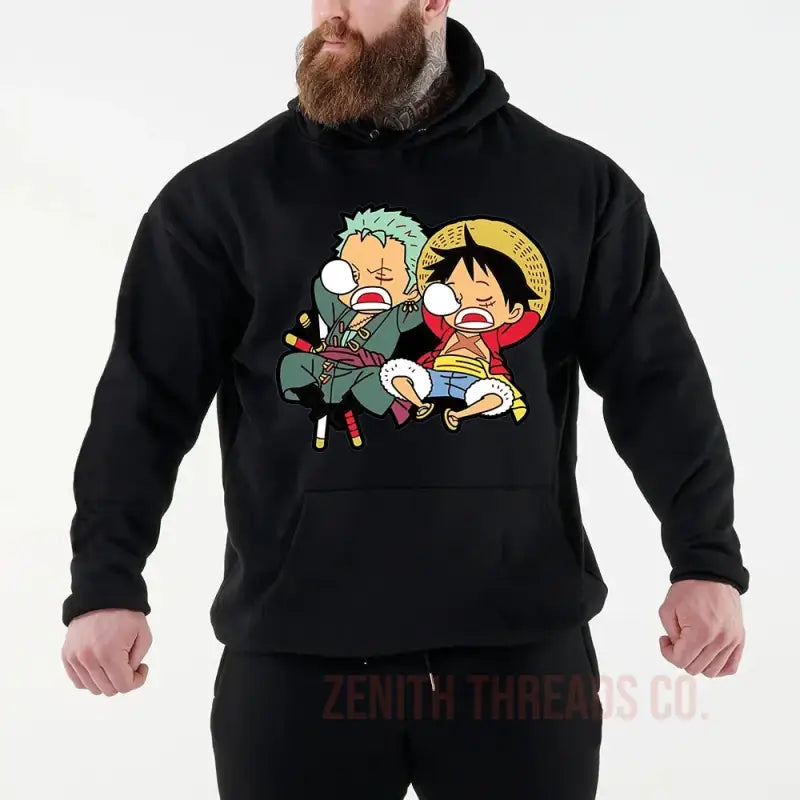 Black hoodie featuring a cute anime-style design of Zoro and Luffy from One Piece eating together.