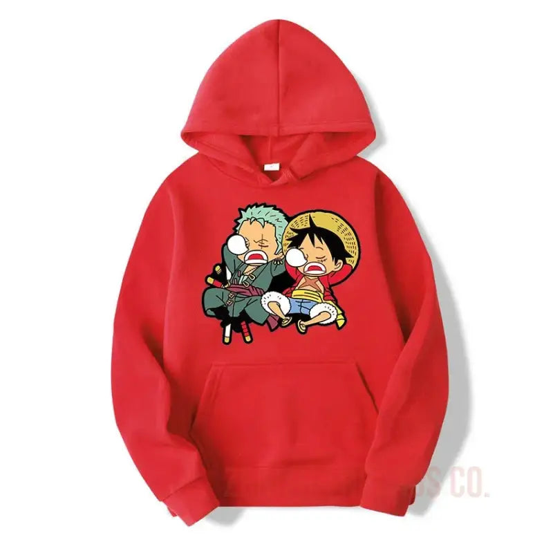 Red hoodie featuring a One Piece anime character design on the front.