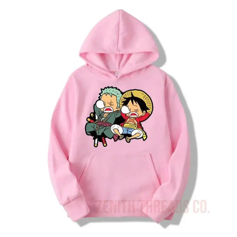 Pink hoodie with an anime character design printed on the front.