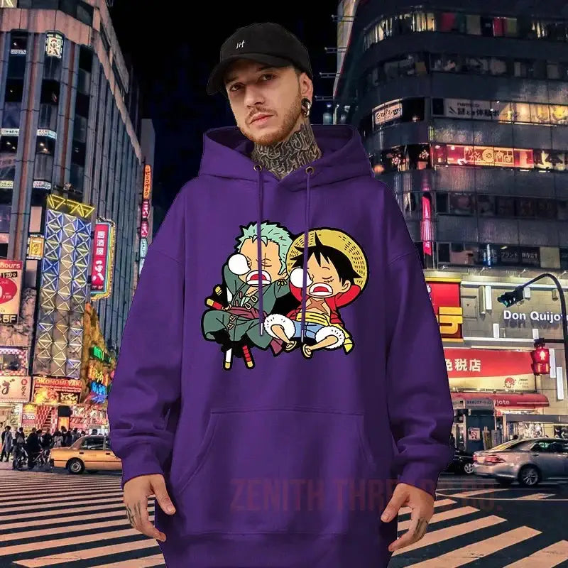 Purple hoodie featuring anime characters Luffy and Zoro from One Piece in a cartoon style design.