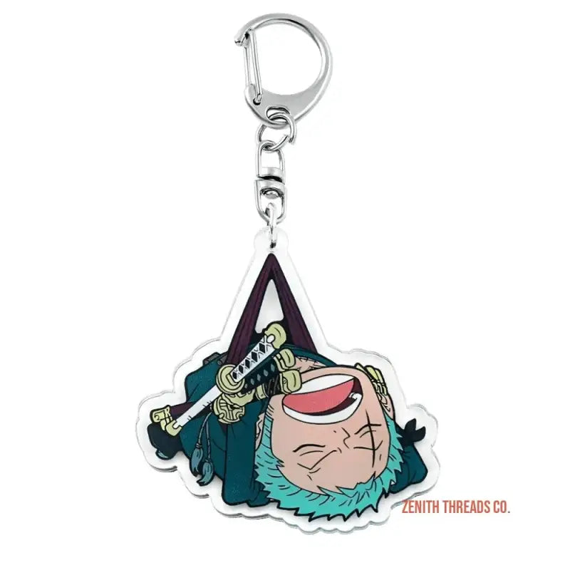 Anime-style acrylic keychain featuring an upside-down character with green hair holding a sword.