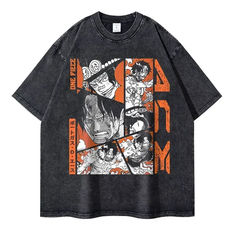 Gray vintage washed graphic tee featuring One Piece character for anime streetwear fans