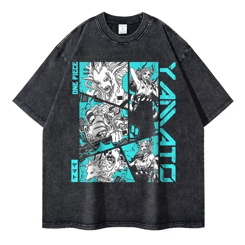 Gray vintage washed graphic tee featuring an anime character print for streetwear enthusiasts