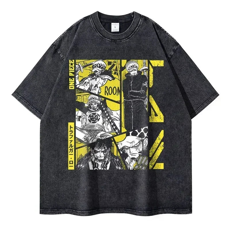 Gray One Piece Zoro vintage washed graphic tee, perfect for anime streetwear enthusiasts