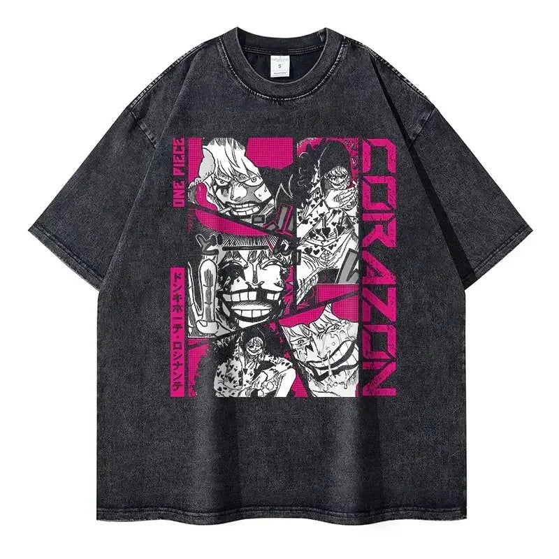 Gray vintage washed graphic t-shirt featuring Zoro for anime streetwear enthusiasts