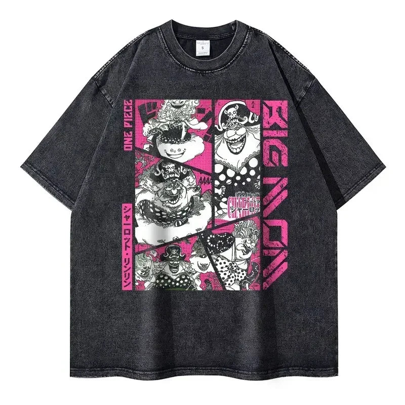 Gray vintage washed graphic tee featuring a One Piece character for anime streetwear