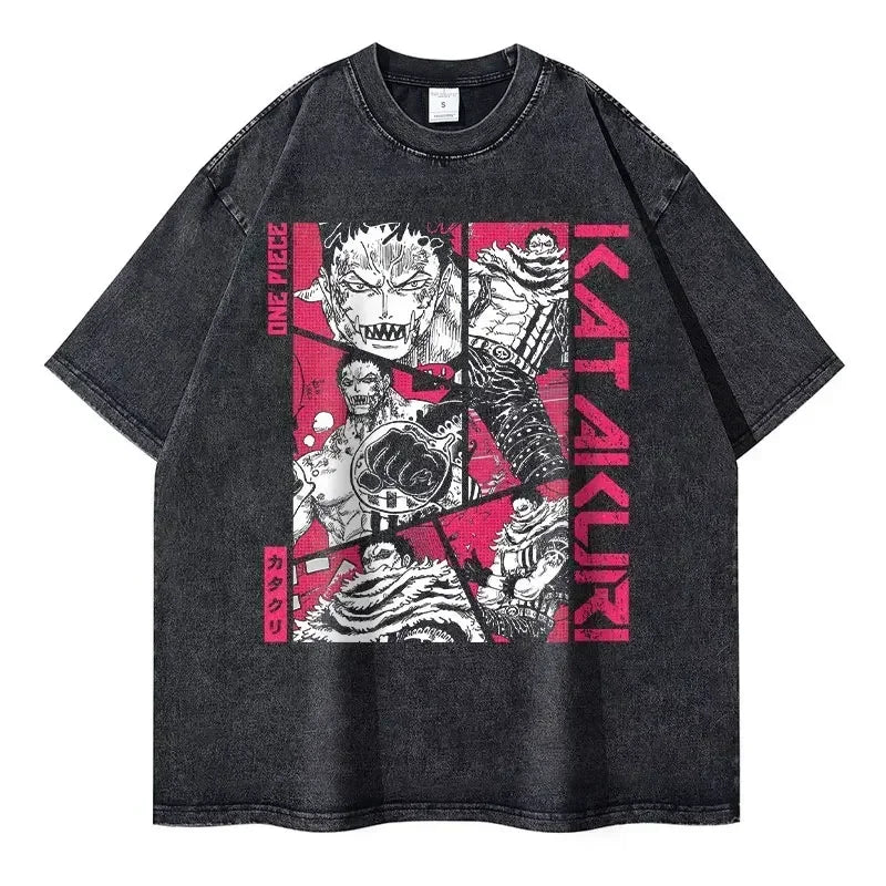 Gray t-shirt featuring anime graphic for One Piece Zoro vintage washed graphic tee streetwear