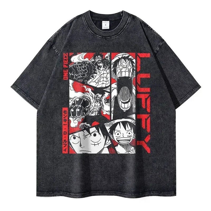 Gray One Piece Zoro vintage washed graphic tee for anime streetwear enthusiasts