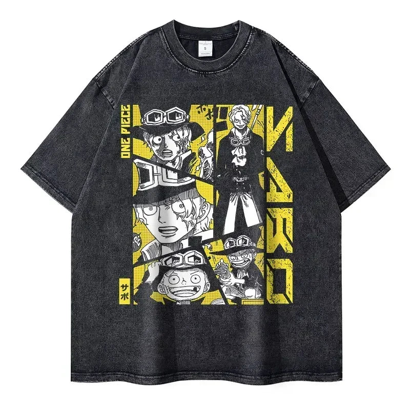 Gray vintage washed graphic tee featuring One Piece characters for anime streetwear