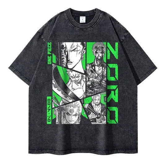 Gray One Piece Zoro Vintage Washed Graphic Tee for Anime Streetwear Fashion