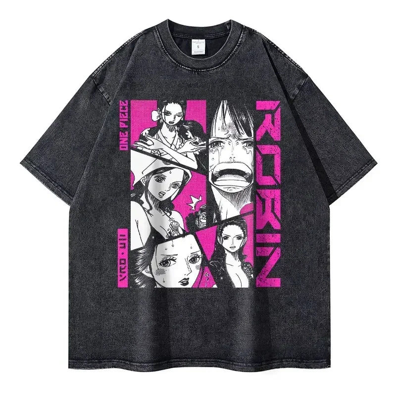 Gray vintage washed graphic tee featuring a One Piece character for anime streetwear