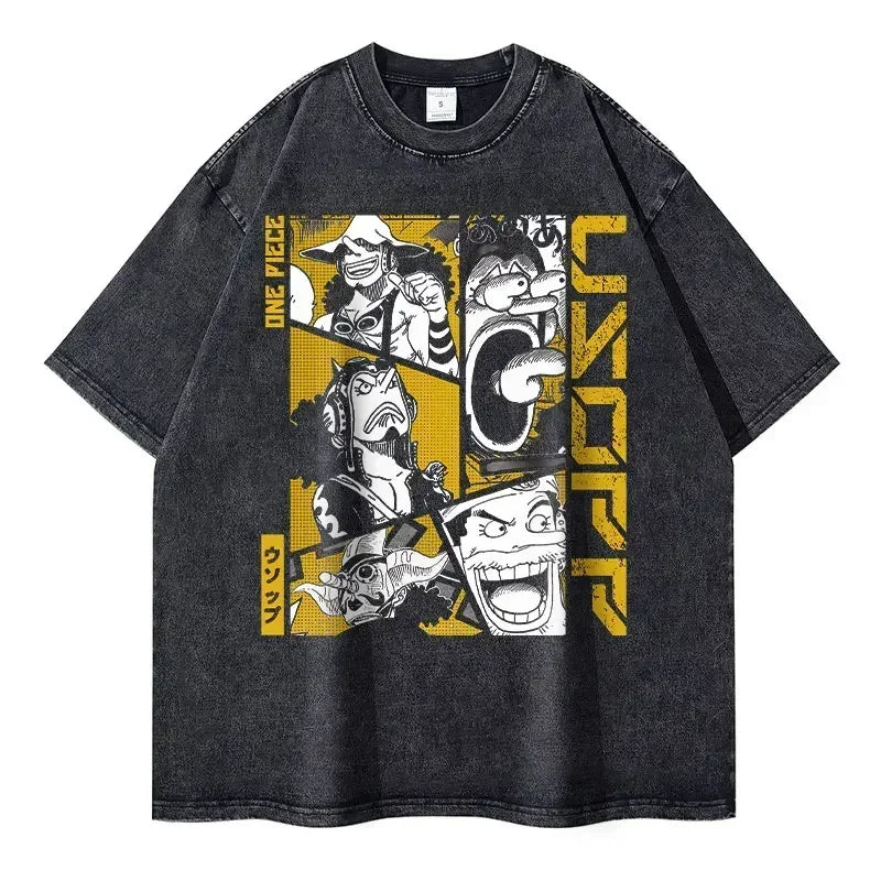 Gray washed graphic tee featuring One Piece Zoro for vintage anime streetwear style