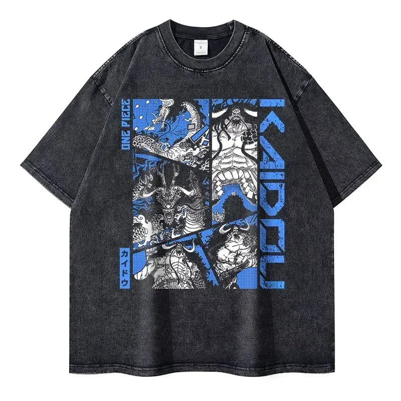 Gray vintage washed graphic tee featuring an anime character print for streetwear enthusiasts