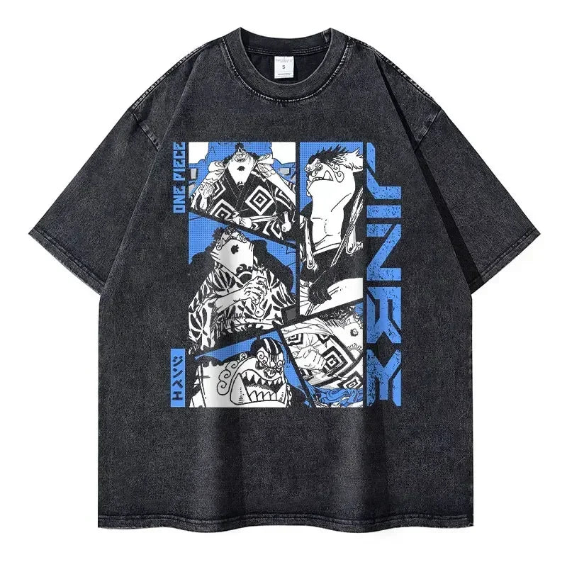 Gray One Piece Zoro vintage washed graphic tee for trendy anime streetwear style