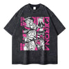 Gray washed graphic tee featuring a manga-style print, ideal for anime streetwear enthusiasts