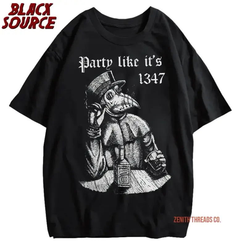 Black t-shirt featuring a plague doctor design with text ’Party like it’s 1347’’