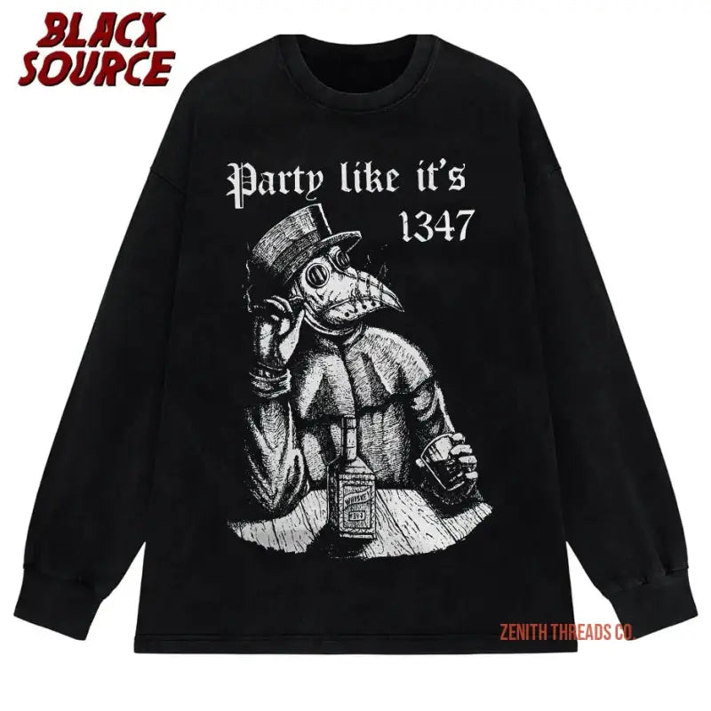 Black long-sleeve shirt featuring a plague doctor design with text ’Party like it’s 1347’’