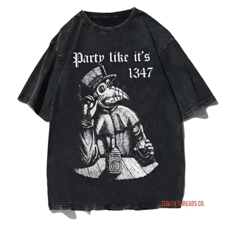 Black t-shirt featuring a plague doctor design with text ’Party like it’s 1347’’