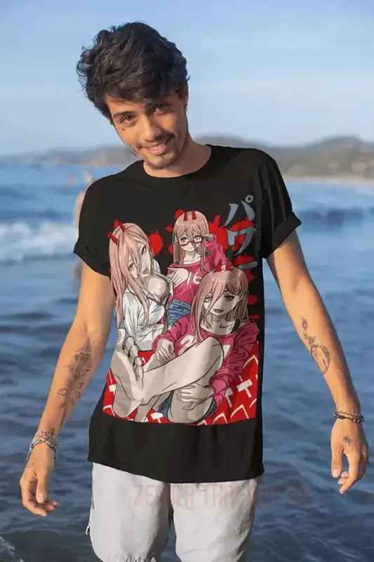 Black t-shirt featuring anime-style artwork with female characters and red accents.