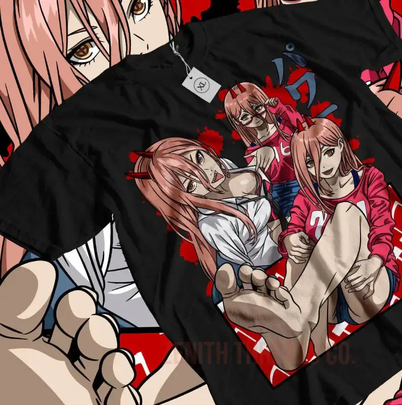 Black t-shirt with anime-style artwork featuring characters against a red and white design.