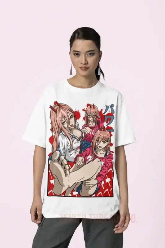 White t-shirt featuring anime-style artwork with characters in red and pink tones.