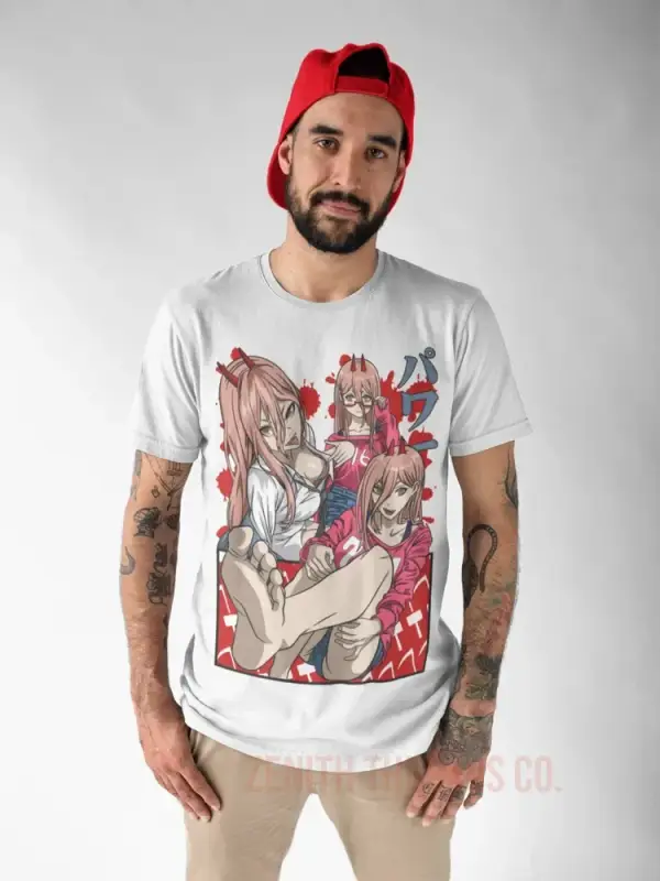 White t-shirt featuring anime-style artwork with red and pink tones.