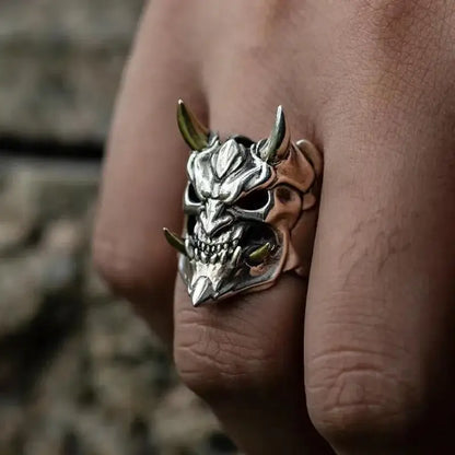 Prajna Mask Ring – Oni Forged Adjustable Band | Demonic Silver / Resizable | Streetwear