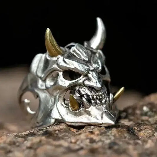Prajna Mask Ring – Oni Forged Adjustable Band | Demonic Silver / Resizable | Streetwear