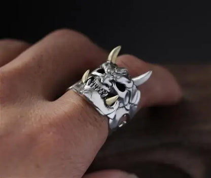 Prajna Mask Ring – Oni Forged Adjustable Band | Demonic Silver / Resizable | Streetwear