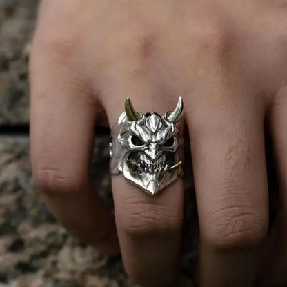 Prajna Mask Ring – Oni Forged Adjustable Band | Demonic Silver / Resizable | Streetwear