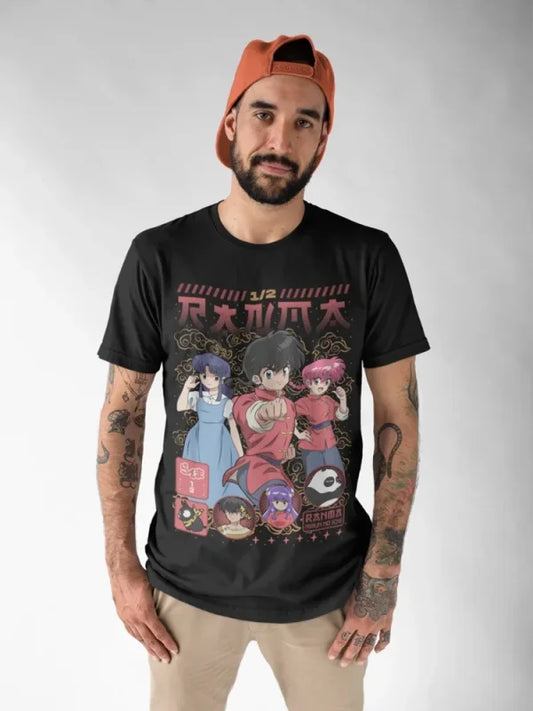 Black T-shirt featuring vintage anime graphic of Ranma 1/2 characters in stylish design