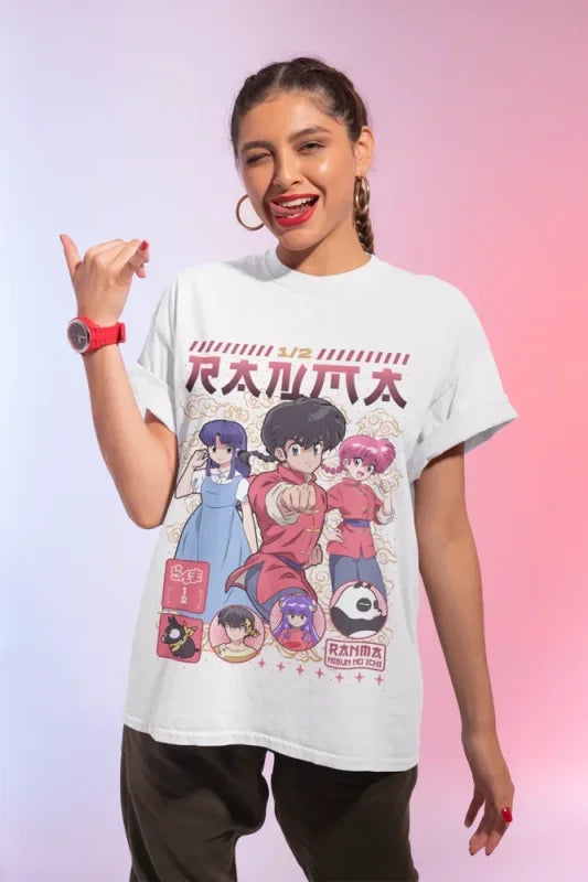 White t-shirt featuring vintage anime graphic of Ranma 1/2 characters for nostalgic fans