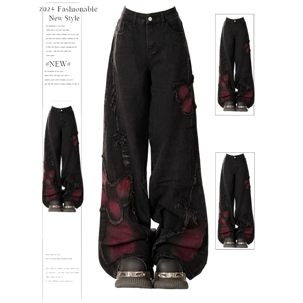 Red Butterfly Baggy Jeans Vintage 90s Aesthetic - Black / XL - Jeans