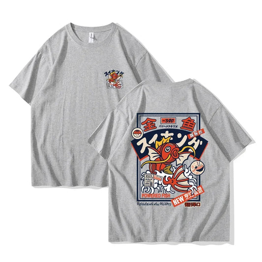 Gray Anime-inspired Koi Japanese graphic cotton t-shirt featuring a cartoon design