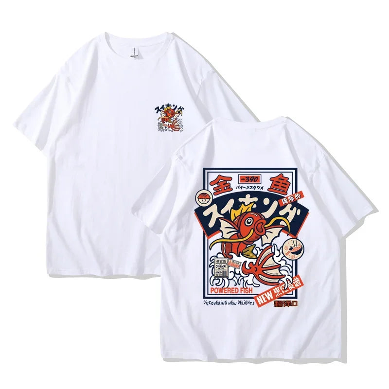 White regular anime-inspired t-shirt featuring a cartoon red koi fish design