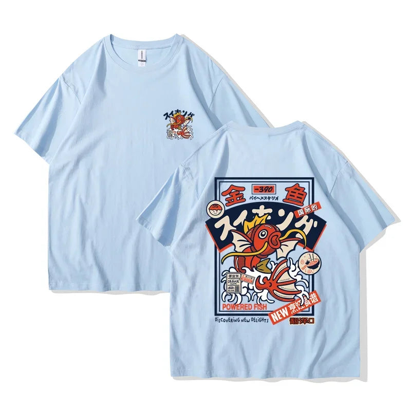 Light blue regular cotton t-shirt featuring anime-inspired cartoon fish design