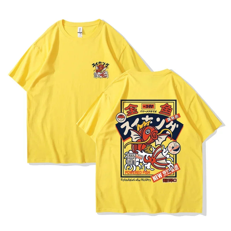 Anime-inspired red koi Japanese graphic cotton t-shirt featuring a yellow cartoon fish design