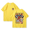 Anime-inspired red koi Japanese graphic cotton t-shirt featuring a yellow cartoon fish design